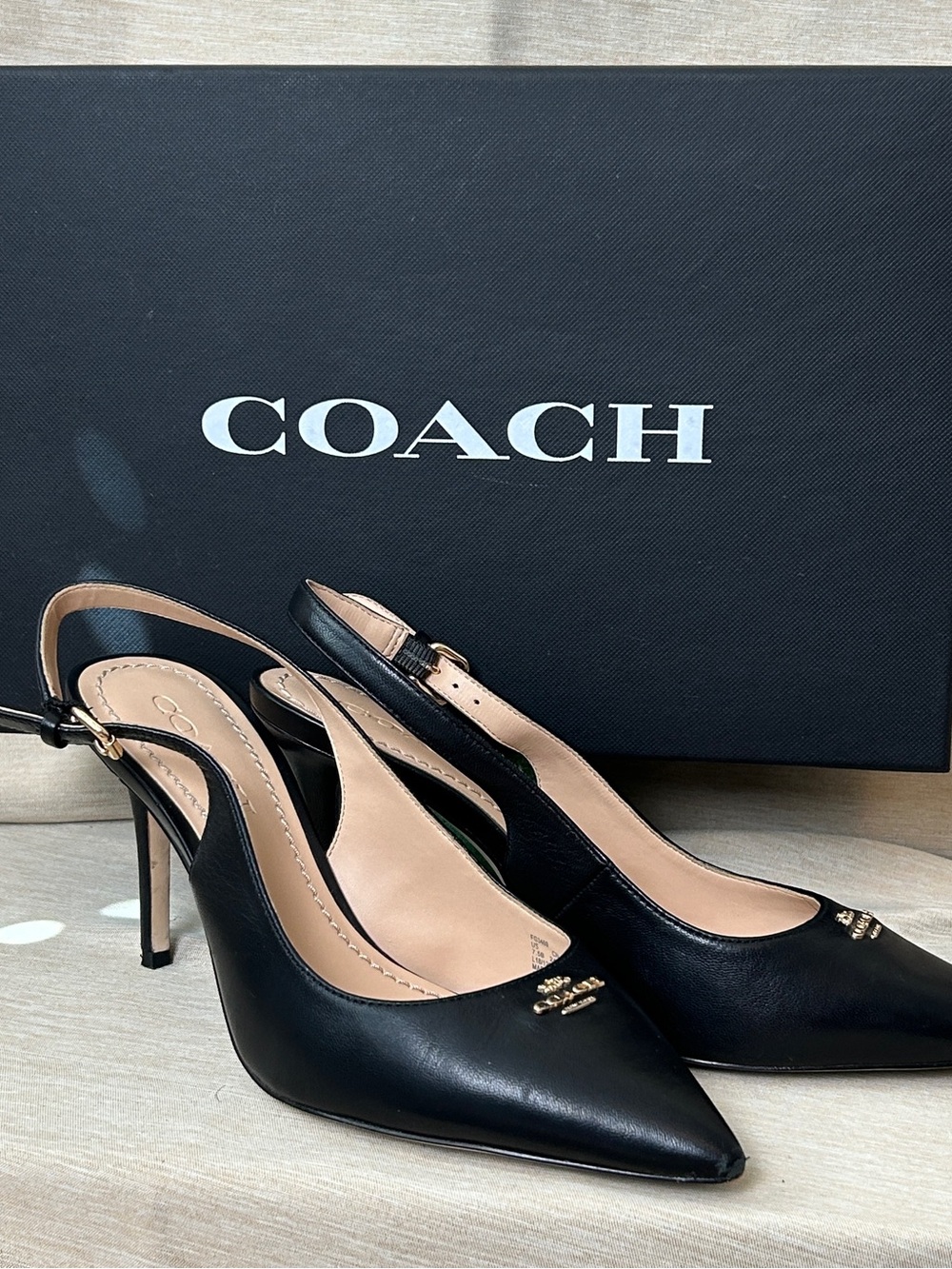 Coach Black Leather Pointed-Toe Slingback Pumps with Gold Logo Allie 90 Ltr Pump - Picture 11 of 13